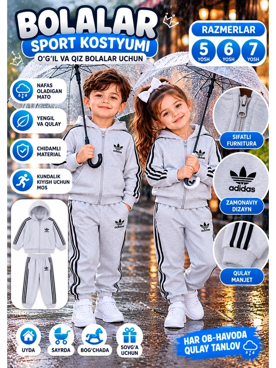 Adidas bolalar sport kostyumi, kofta va shim, 5-7 yosh