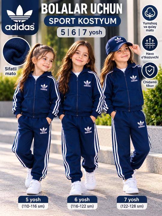 Adidas bolalar sport kostyumi, kofta va shim, 5-7 yosh - 