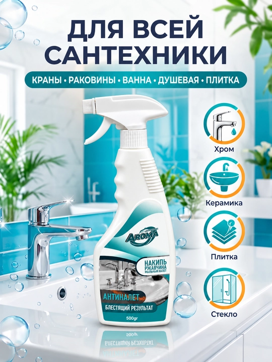 AROMA Антиналёт — спрей от известкового налёта, ржавчины и мыльных следов, 500 г - 
