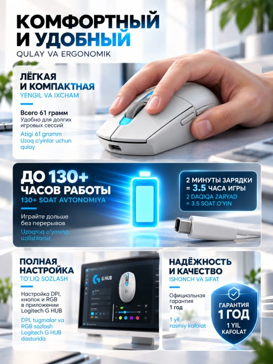 Беспроводная игровая мышь Logitech G305 X LIGHTSPEED, HERO 12K, белая, 2.4GHz