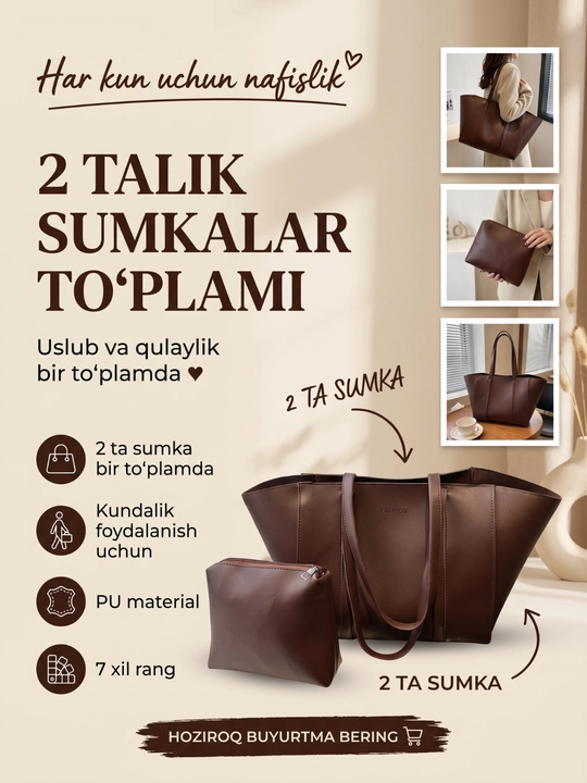 Sumka ayollar uchun, 2 tasi 1 da koshelyok bilan - 