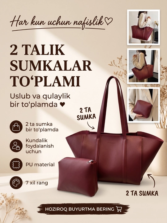Sumka ayollar uchun, 2 tasi 1 da koshelyok bilan - 