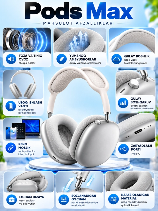 Pods Max simsiz naushnik, Bluetooth 5.3, yumshoq quloq yostiqchalari