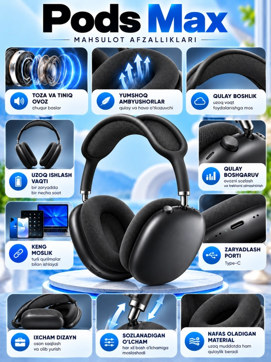 Pods Max simsiz naushnik, Bluetooth 5.3, yumshoq quloq yostiqchalari