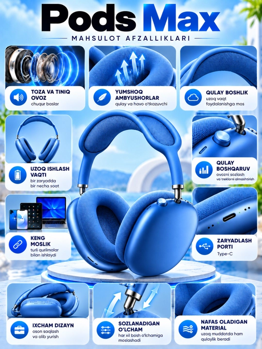 Pods Max simsiz naushnik, Bluetooth 5.3, yumshoq quloq yostiqchalari