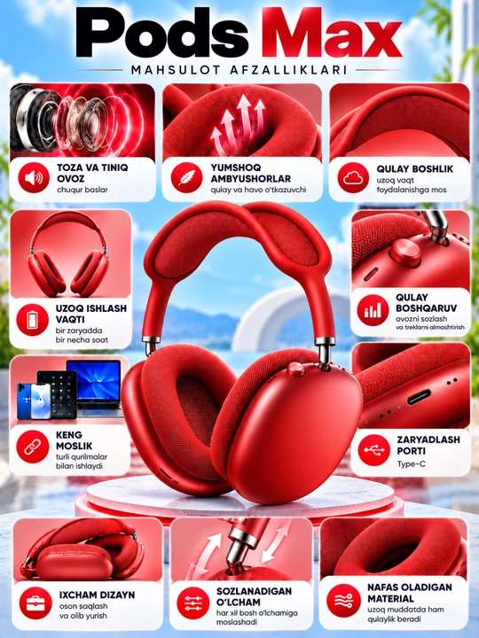 Pods Max simsiz naushnik, Bluetooth 5.3, yumshoq quloq yostiqchalari
