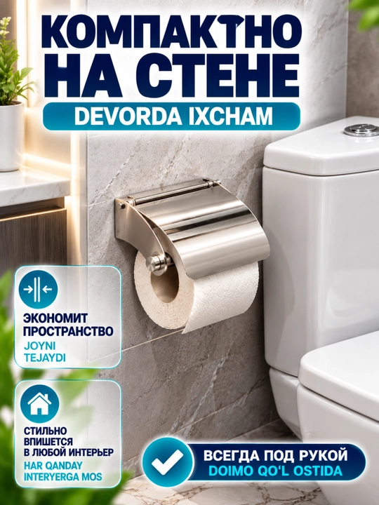 Tualet qog‘ozi ushlagichi qopqoqli, devorga o‘rnatiladi, zanglamas po‘lat