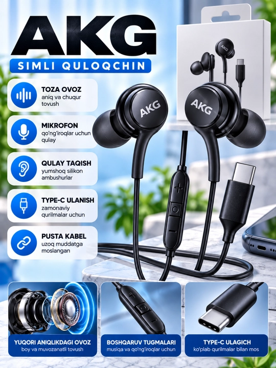 AKG simli quloqchin Type-C, qora rang, mikrofonli, ovoz boshqaruv tugmalari bilan - 