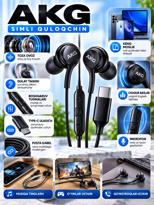 AKG simli quloqchin Type-C, qora rang, mikrofonli, ovoz boshqaruv tugmalari bilan