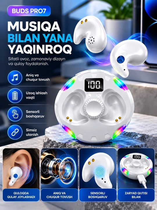 Buds Pro7 simsiz quloqchin, Bluetooth 5.4, LED displeyli zaryadlash qutisi, oq rang