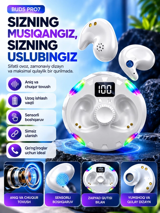 Buds Pro7 simsiz quloqchin, Bluetooth 5.4, LED displeyli zaryadlash qutisi, oq rang - 