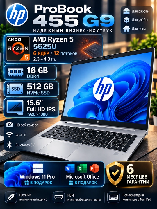 Ноутбук HP ProBook 455 G9 Ryzen 5 5625U 16/512GB SSD 15.6" FHD IPS Win 11 Pro
