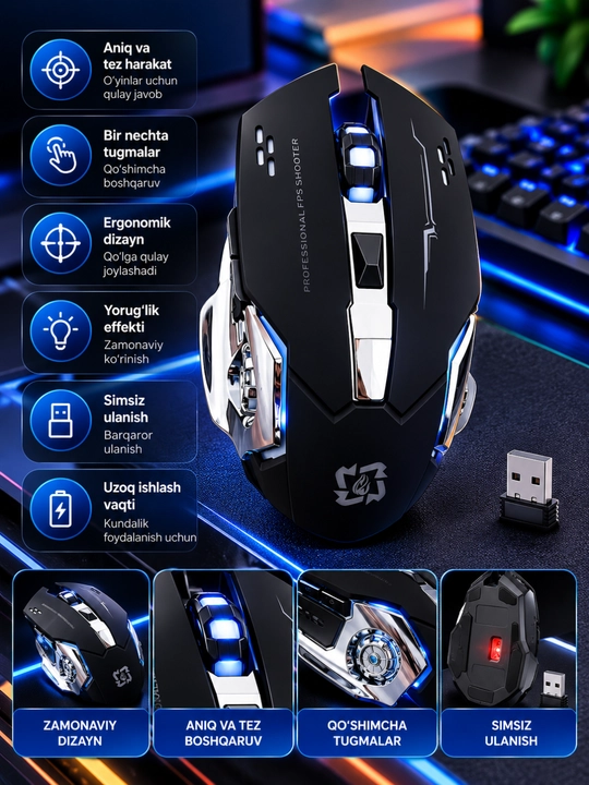 Simsiz gaming sichqoncha, qora-kumush dizayn, ko‘k LED yoritish, USB qabul qilgichli - 
