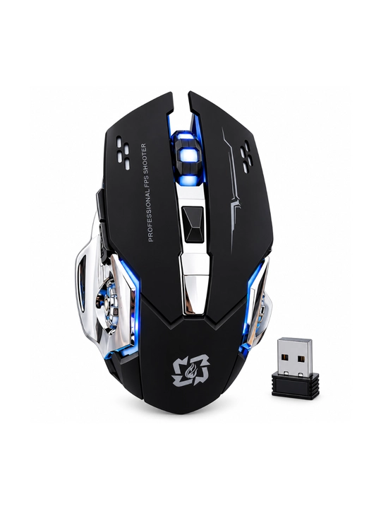 Simsiz gaming sichqoncha, qora-kumush dizayn, ko‘k LED yoritish, USB qabul qilgichli