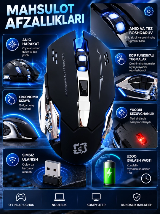 Simsiz gaming sichqoncha, qora-kumush dizayn, ko‘k LED yoritish, USB qabul qilgichli