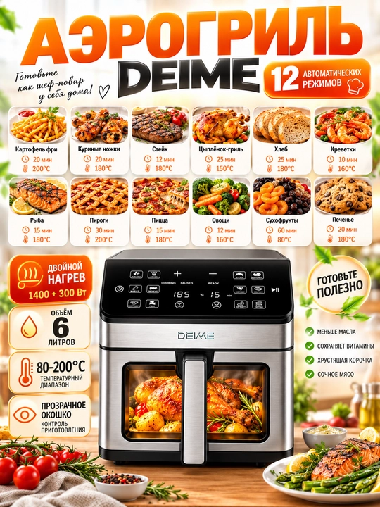 Аэрогриль DEIME 6 и 10 л, без масла, сенсорное управление, Wi-Fi, 2100 Вт, керамика