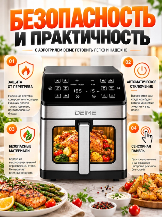 Аэрогриль DEIME 6 и 10 л, без масла, сенсорное управление, Wi-Fi, 2100 Вт, керамика