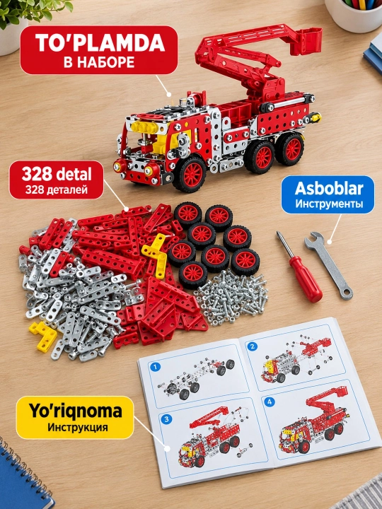 Temir konstruktor mashina o'yinchoq, o't o'chirish metall mashina, 8+ yosh