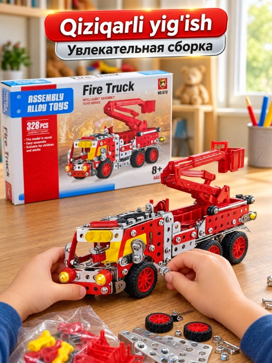 Temir konstruktor mashina o'yinchoq, o't o'chirish metall mashina, 8+ yosh