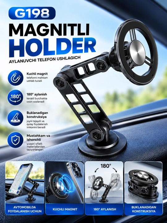 G198 Magnitli Telefon Ushlagich, 180° Aylanadigan Avtomobil Holderi - 