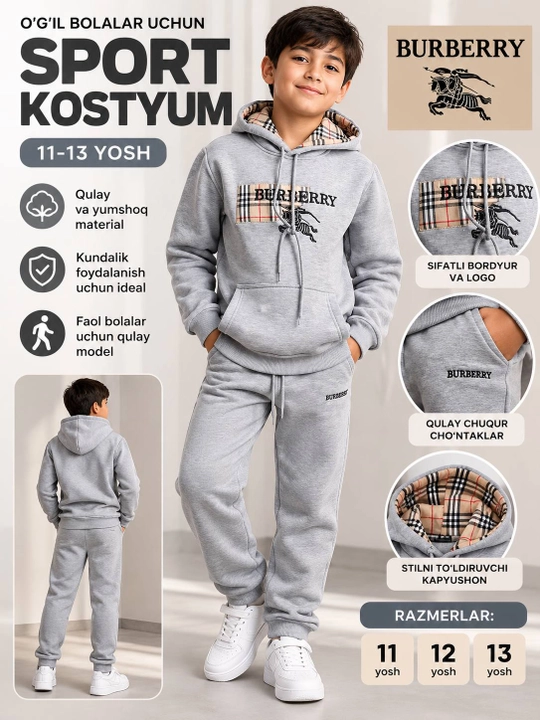 O‘g‘il bolalar uchun qora sport kostyumi, kapyushonli xudi va shim, 11–13 yosh