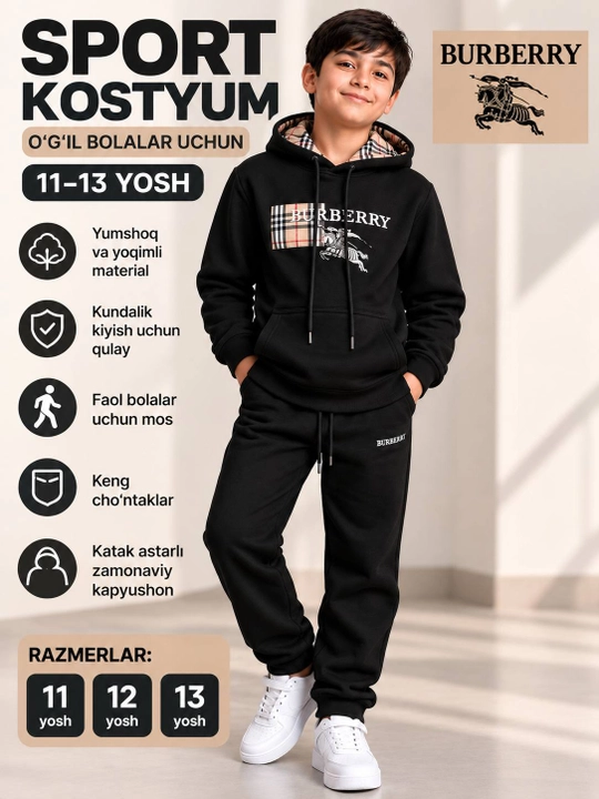 O‘g‘il bolalar uchun qora sport kostyumi, kapyushonli xudi va shim, 11–13 yosh - 
