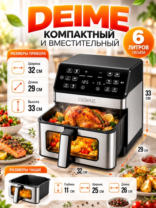 Аэрогриль DEIME 6 и 10 л, без масла, сенсорное управление, Wi-Fi, 2100 Вт, керамика