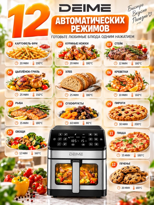 Аэрогриль DEIME 6 и 10 л, без масла, сенсорное управление, Wi-Fi, 2100 Вт, керамика