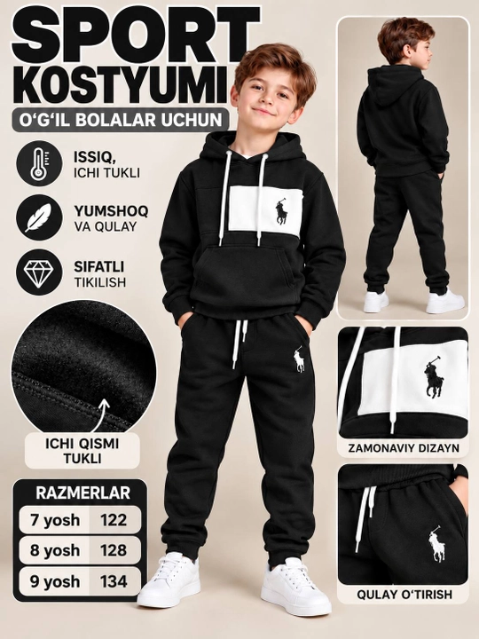 O‘g‘il bolalar uchun qora sport kostyumi, ichi tukli huddi va shim, 7–9 yosh