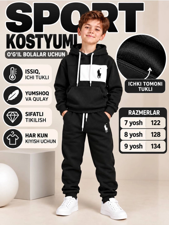O‘g‘il bolalar uchun qora sport kostyumi, ichi tukli huddi va shim, 7–9 yosh