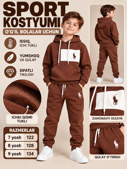 O‘g‘il bolalar uchun qora sport kostyumi, ichi tukli huddi va shim, 7–9 yosh