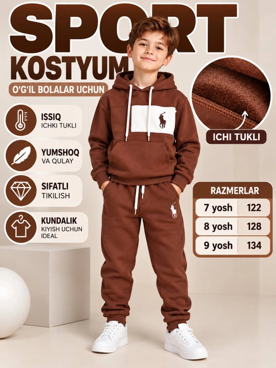 O‘g‘il bolalar uchun qora sport kostyumi, ichi tukli huddi va shim, 7–9 yosh