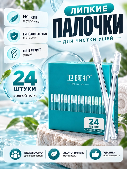 Quloqlarni tozalash uchun tayoqchalar, yopishqoq quloq tayoqchalari, qora va shaffof, to‘plam 20+24 dona