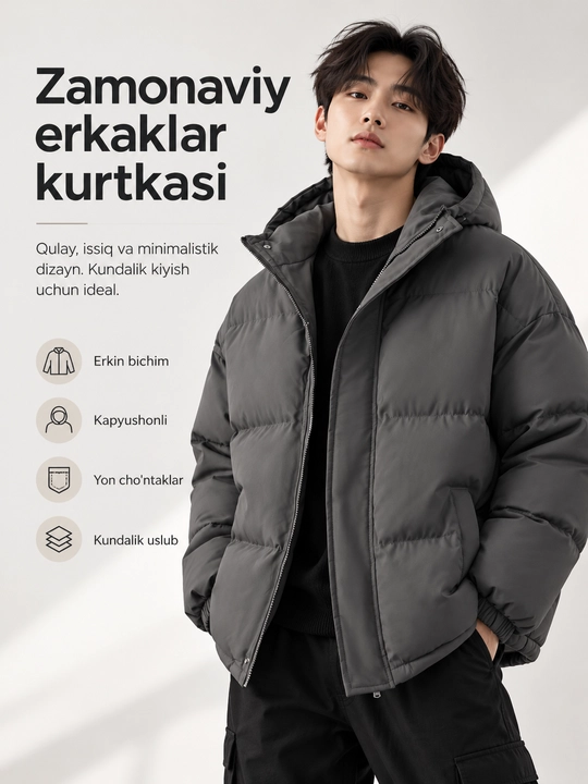 Erkaklar uchun issiq kapyushonli kurtka, erkin bichim, kundalik kiyish uchun - 