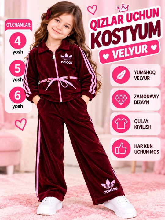 Qizlar uchun pushti chiziqli to‘q qizil rangli velur sport kostyumi - 