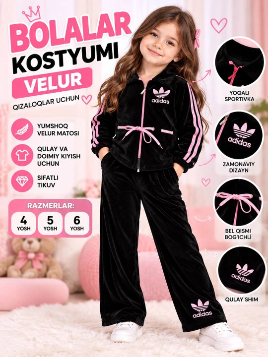 Qizlar uchun pushti chiziqli to‘q qizil rangli velur sport kostyumi - 