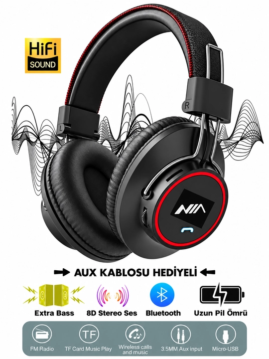 Наушники NIA S3000, беспроводные Bluetooth, с микрофоном, FM-радио, microSD, AUX - 