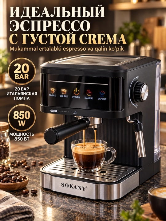 SOKANY qahva mashinasi espresso, bir vaqtda 2 piyola, sut ko'pik uchun bug' trubkasi