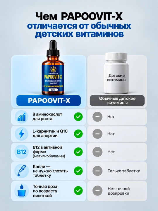 Bolalar uchun vitaminlar PAPOOVIT-X, L-karnitin, aminokislota va vitamin C, tomchi 50 ml