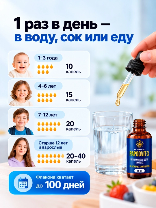 Bolalar uchun vitaminlar PAPOOVIT-X, L-karnitin, aminokislota va vitamin C, tomchi 50 ml