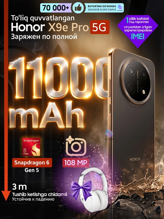 HONOR X9e Pro smartfon, 6/256 8/256 GB telefon, soat, quloqchinlar sov'ga - 
