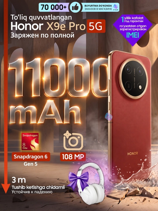 HONOR X9e Pro smartfon, 6/256 8/256 GB telefon, soat, quloqchinlar sov'ga - 