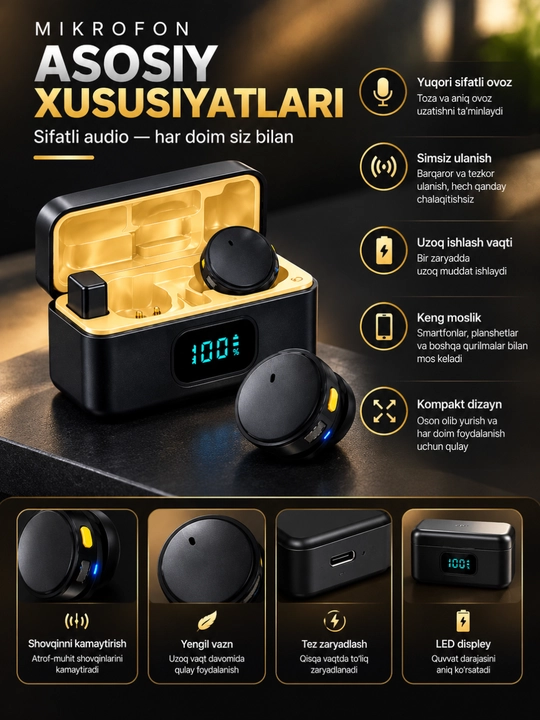 Mikrafon, mikrofon, mini mikrafon, simsiz mikrofon, petlichka, iphone va android uchun, anc
