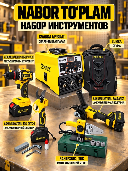 Akkumulyatorli to'plam, 4/5/6 tasi 1 da, perforator,shurupovert, gaykovert, bolgarkа, arra - 