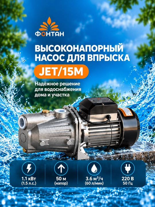 Электрический насос ФОНТАН JET/12M JET/15M для воды 0,9–1,1 кВт 100% МЕДНЫЙ ПРОВОД - 