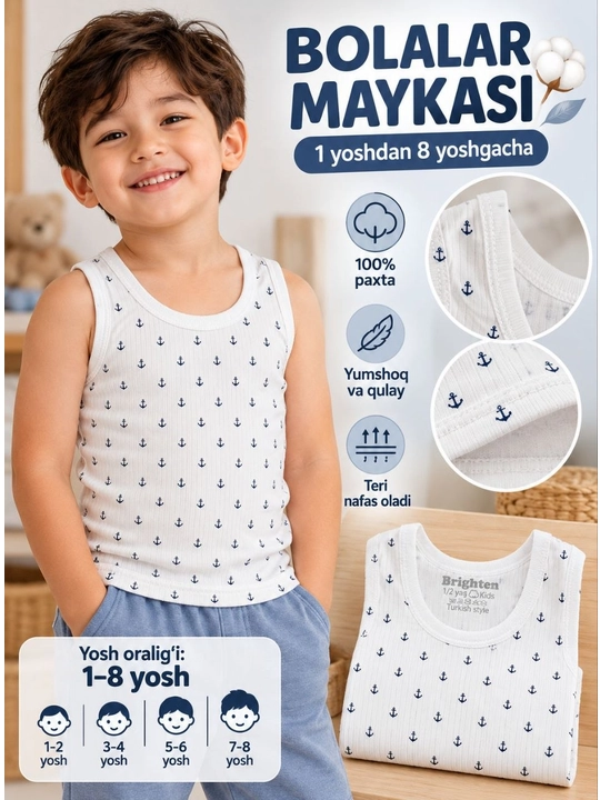 O‘g‘il bolalar uchun paxtali ichki mayka, 1 yoshdan 8 yoshgacha, kundalik mayka