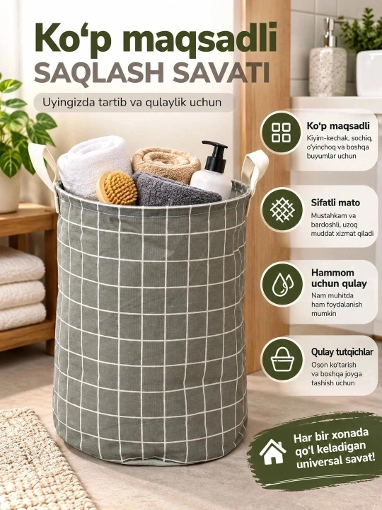 Kir savati, kiyim-kechak va o‘yinchoqlar uchun matoli saqlash savati, tutqichli organayzer