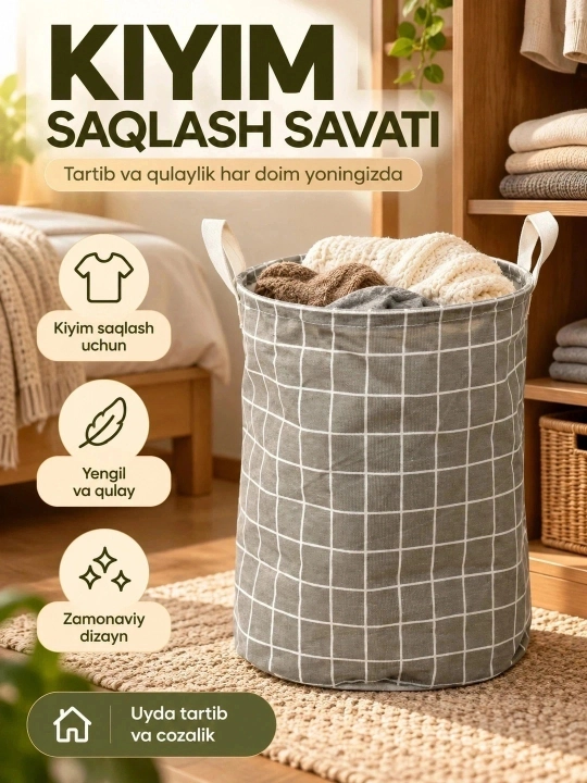 Kir savati, kiyim-kechak va o‘yinchoqlar uchun matoli saqlash savati, tutqichli organayzer