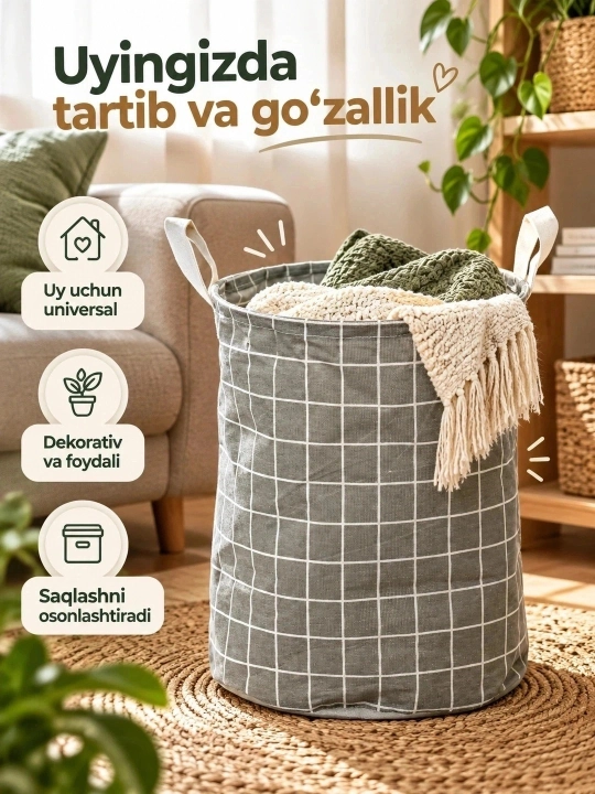 Kir savati, kiyim-kechak va o‘yinchoqlar uchun matoli saqlash savati, tutqichli organayzer