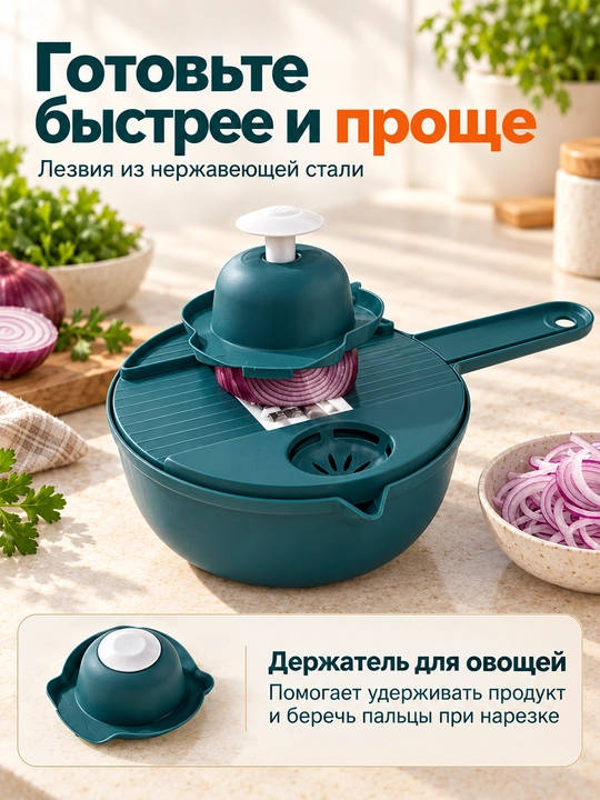 Ko‘p funksiyali qo‘lda ishlatiladigan sabzavot kesgich idish va nasadkalar to‘plami bilan